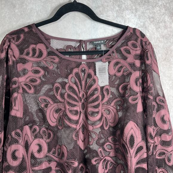 Torrid Blouse Womens 1X Purple‎ Mesh Embroidered Long Sleeves Sheer Art NEW - Picture 2 of 11